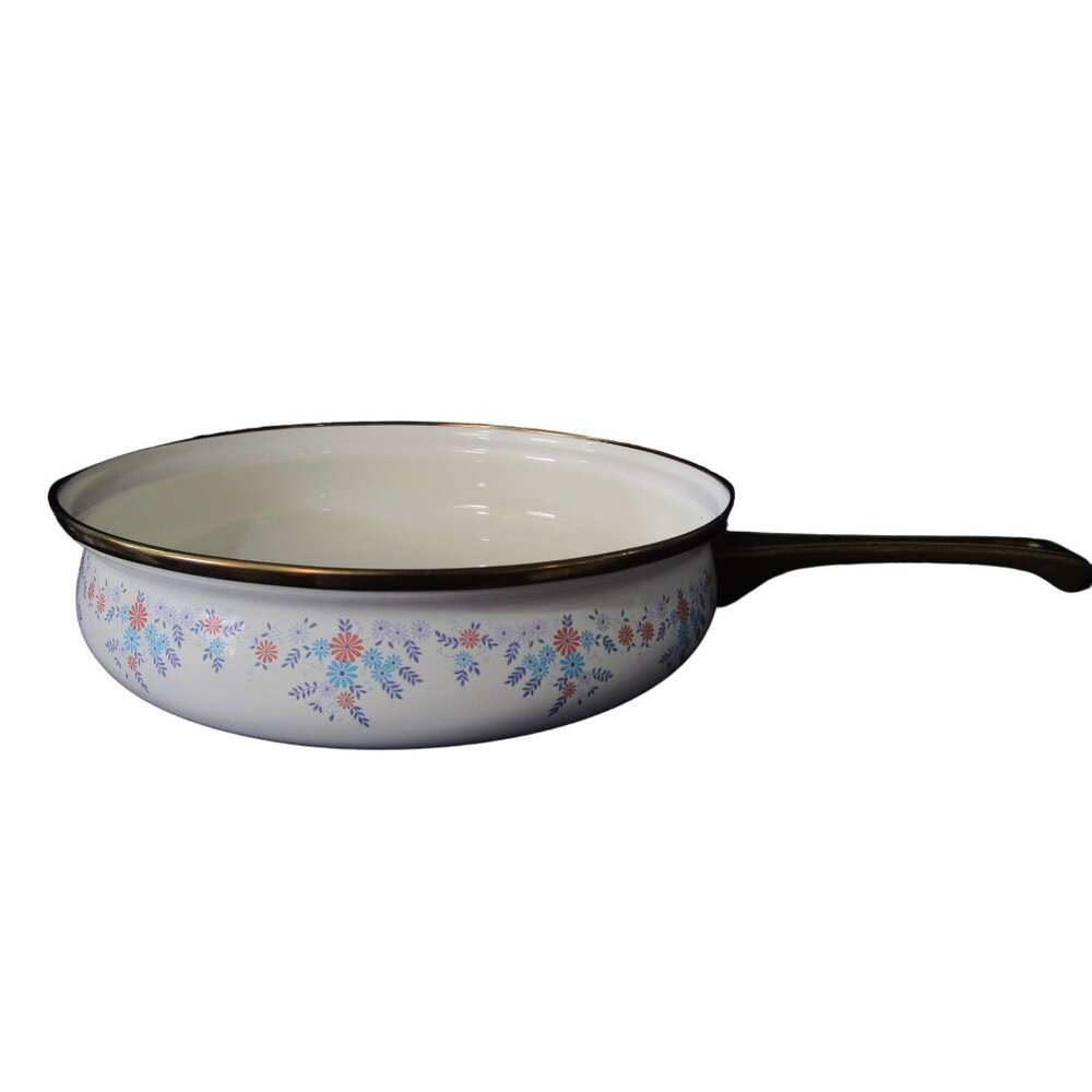 Fissler Asta Saute Pan Chicken Fryer Brass Handle Pink Blue Floral Enamel GUC
